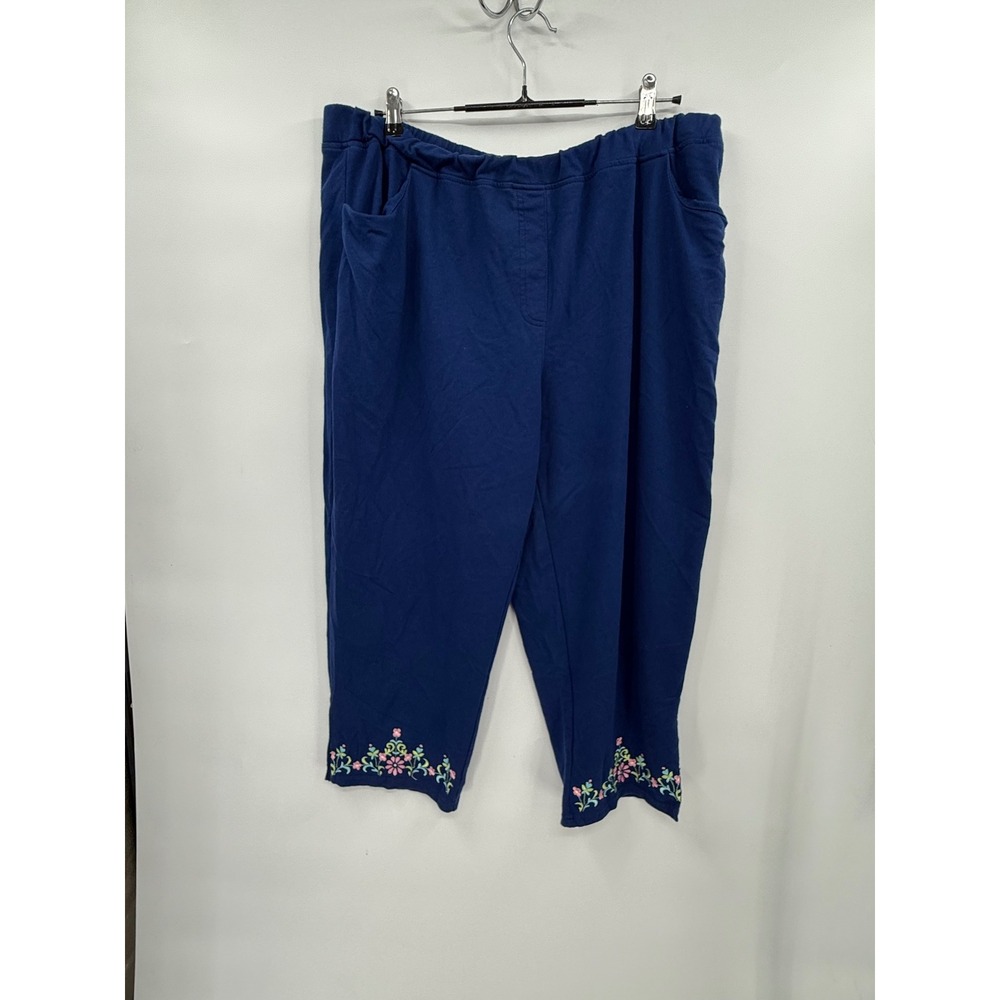 Quacker Factory 1X Crop Pants Womens Navy Blue Floral Embroidered Knit Capri